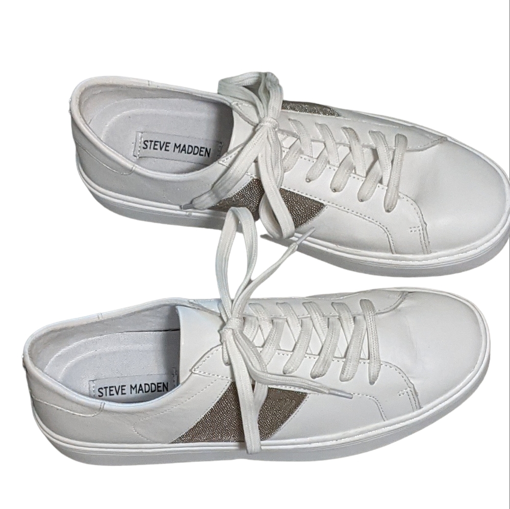 Steve Madden leather swept casual fashion sneakers white metallic accent… - Picture 11 of 11